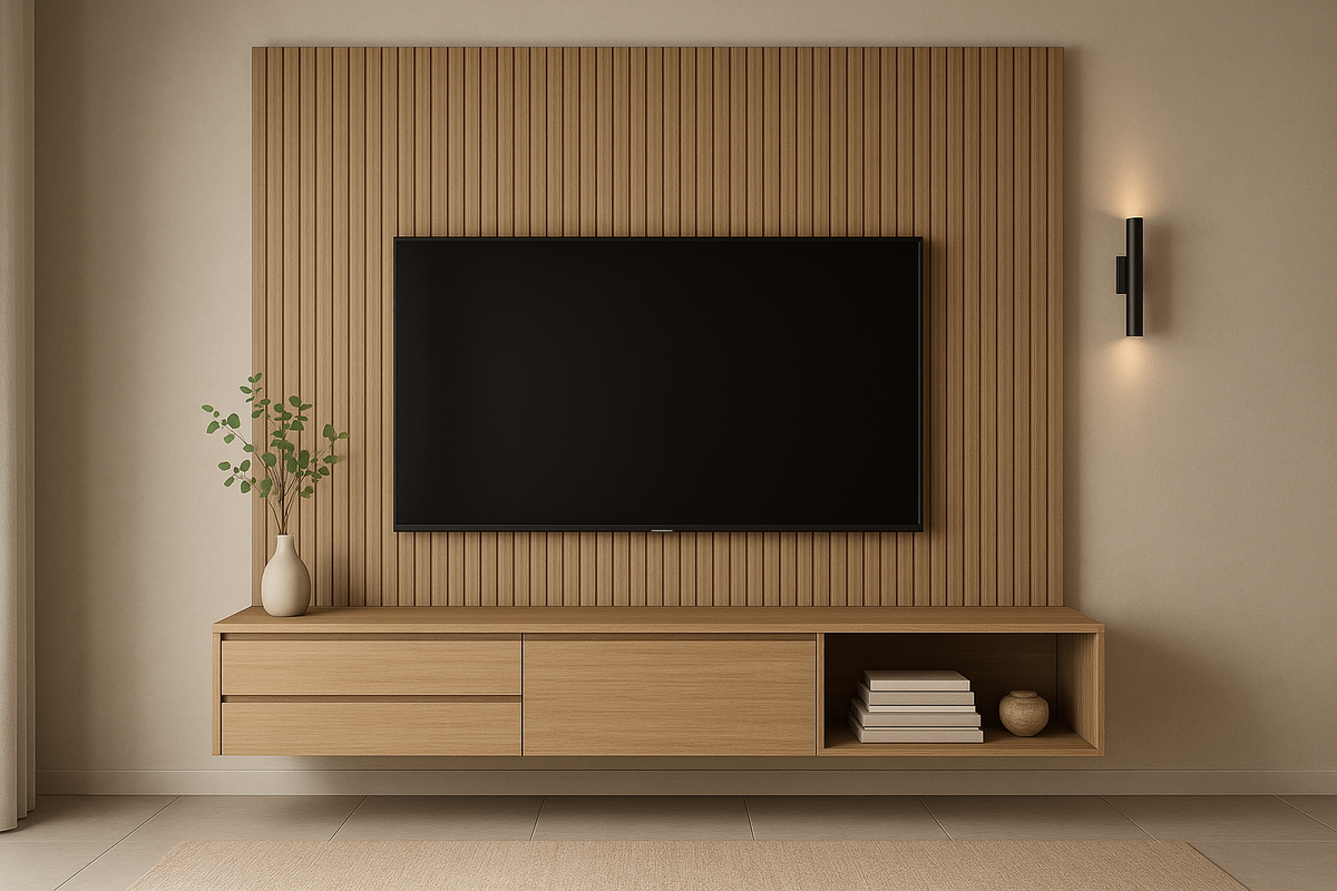 Modern TV Wall Unit with Slatted Panel, Floating Design Lux Heaven UAE ...