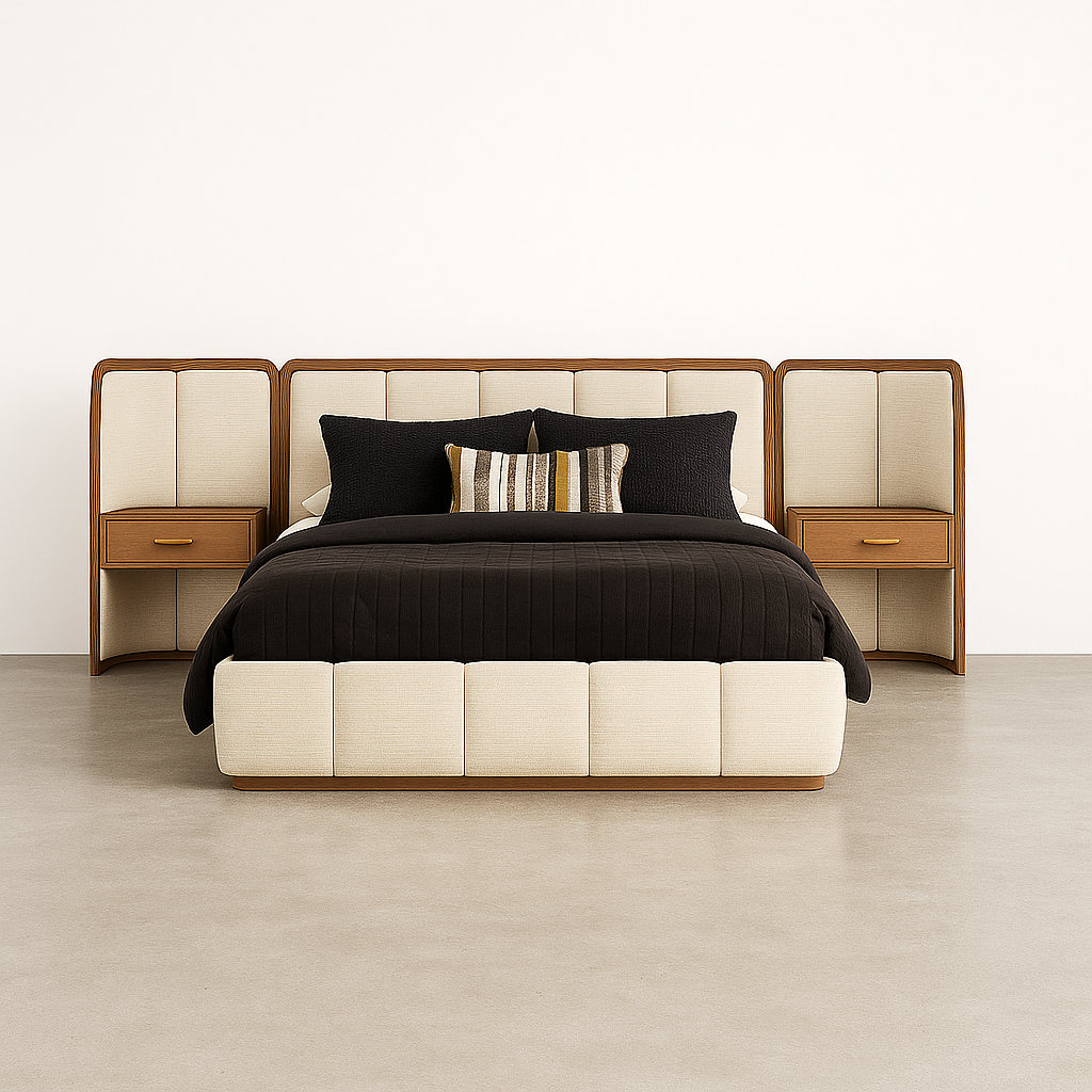 Amora Panel Bed with Wall-Mount Nightstands