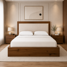 Nordic Wooden Bed with Padded Headboard